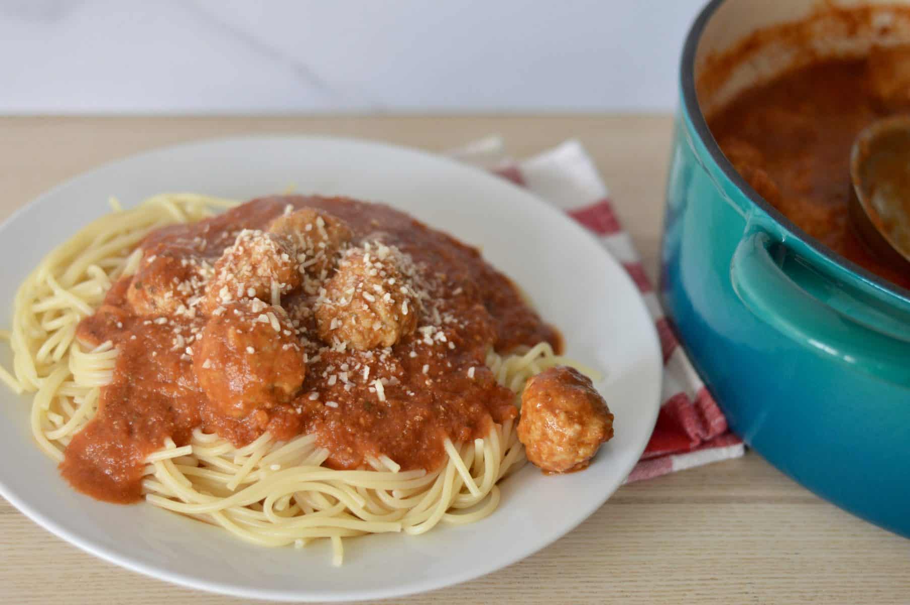 plate of spaghetti and meatballs.