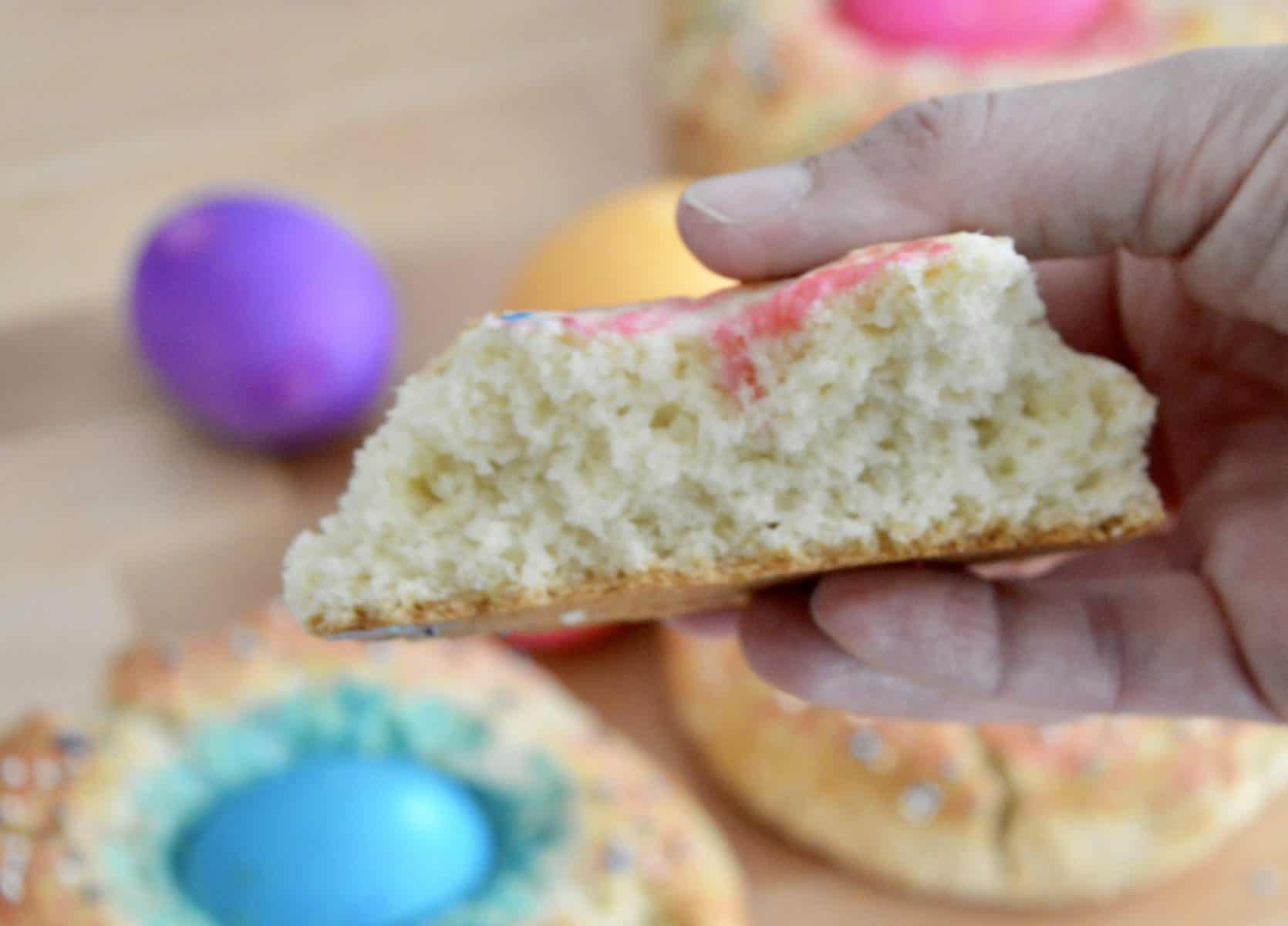 Italian easter bread cut in half to show the texture. 