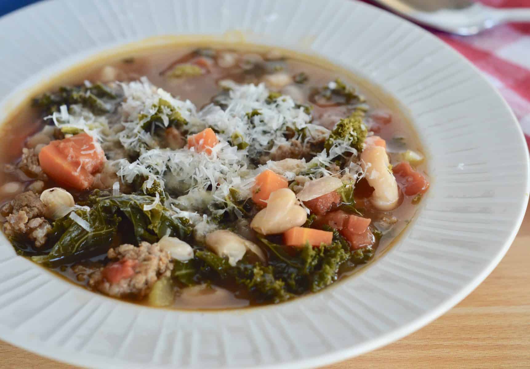 close up of sausage kale bean soup