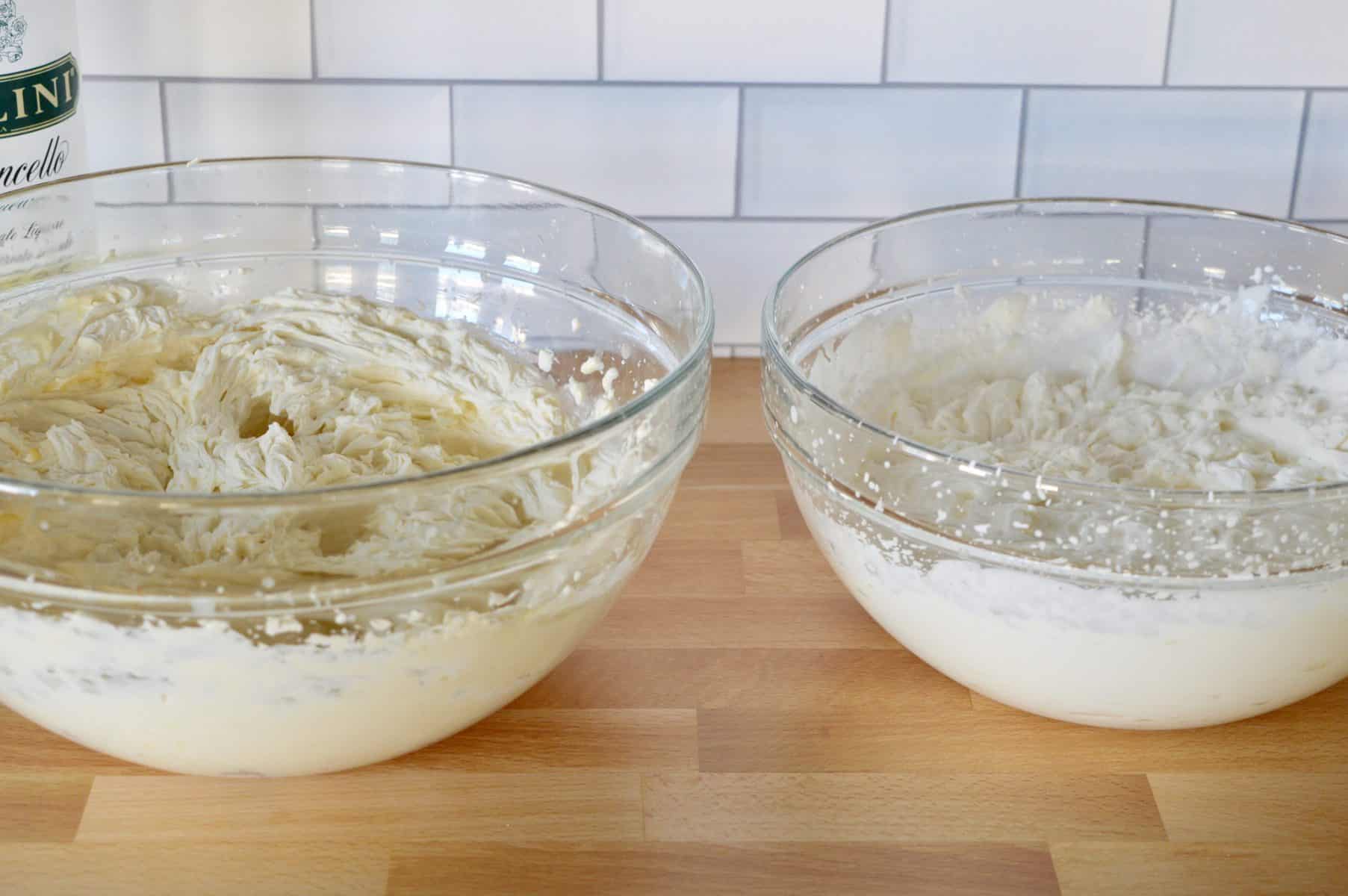 two glass bowls with filling ingredients. 