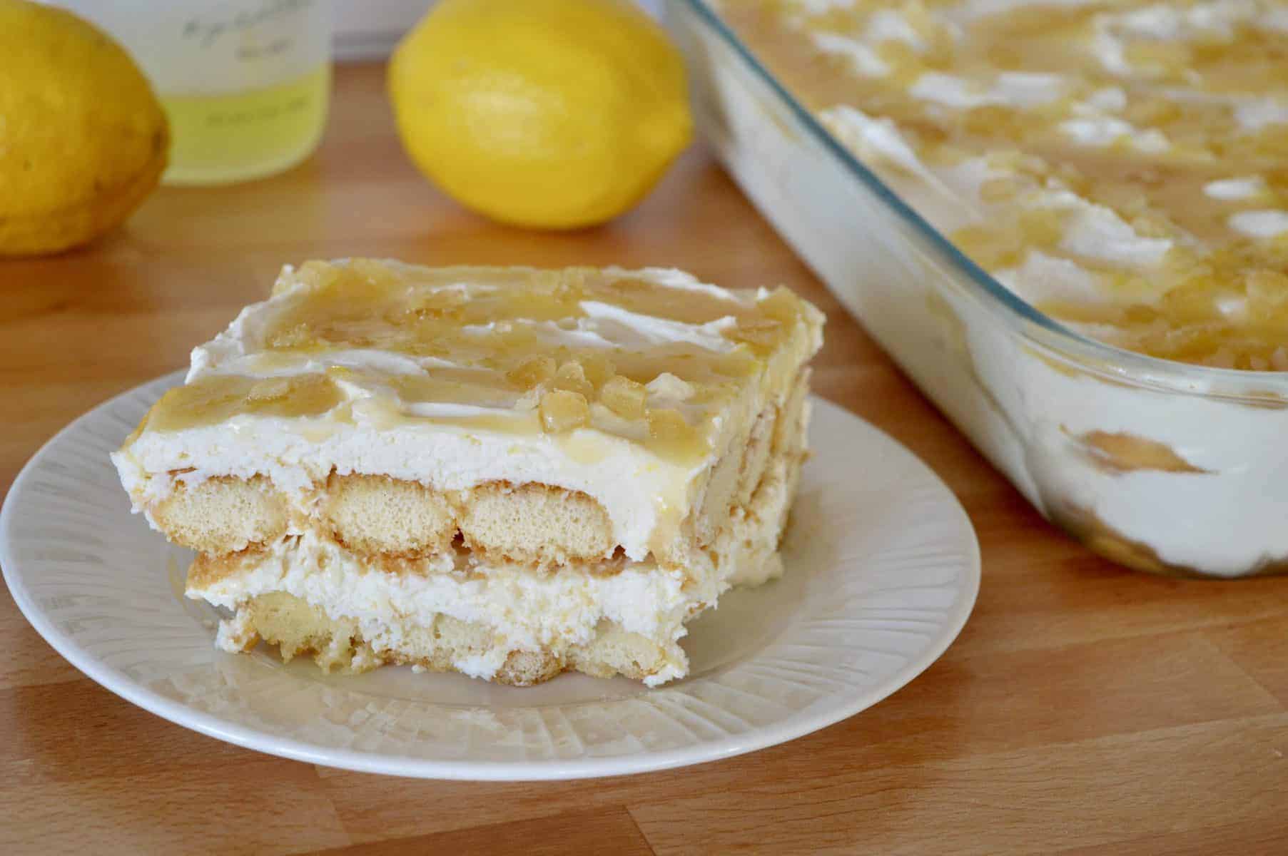 Slice of Limoncello Tiramisu on a plate.