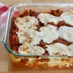 Cheese & Meat Stuffed Shells in a glass baking dish.