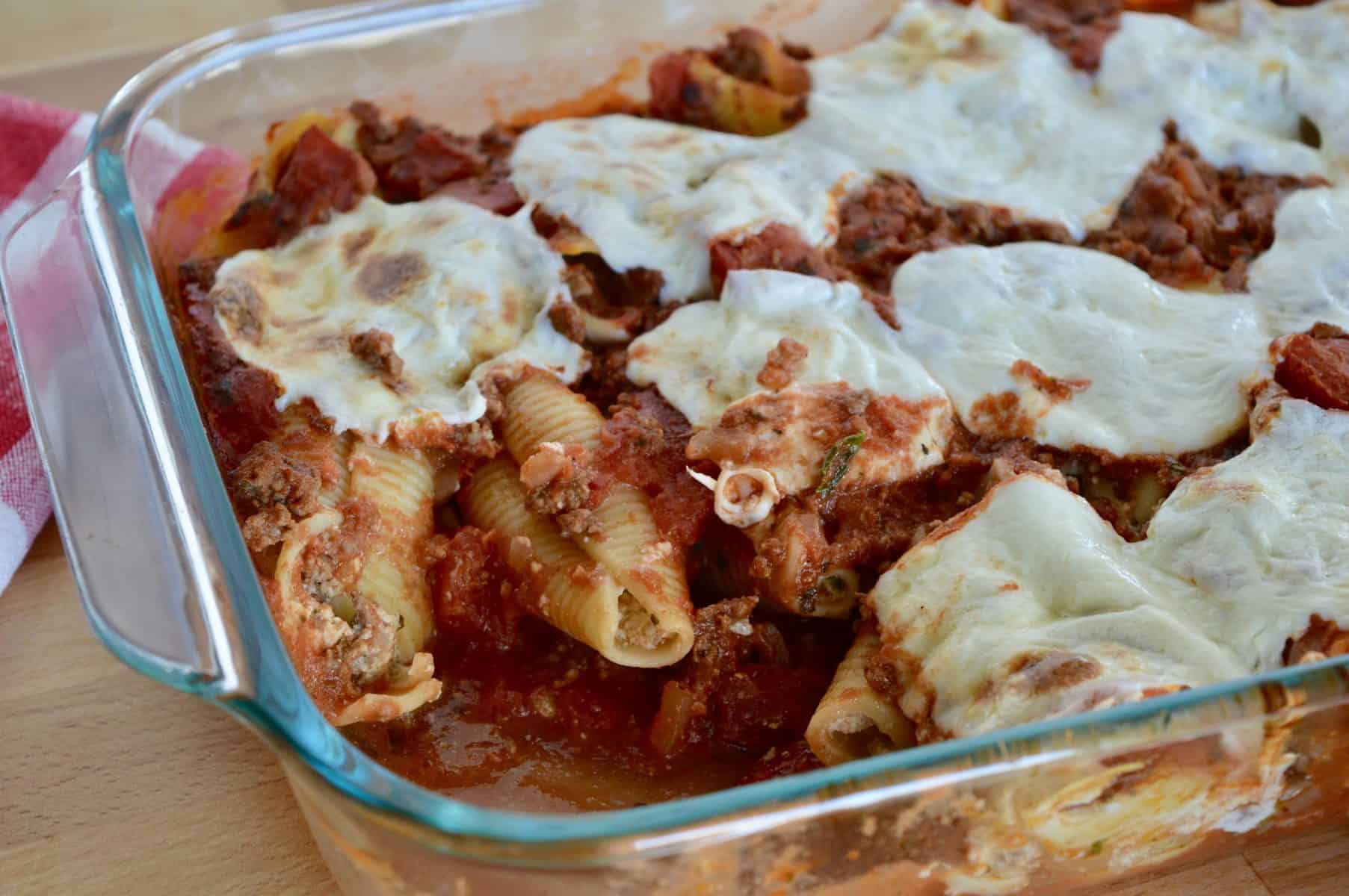 Cheese Beef Stuffed Shells in a baking pan.