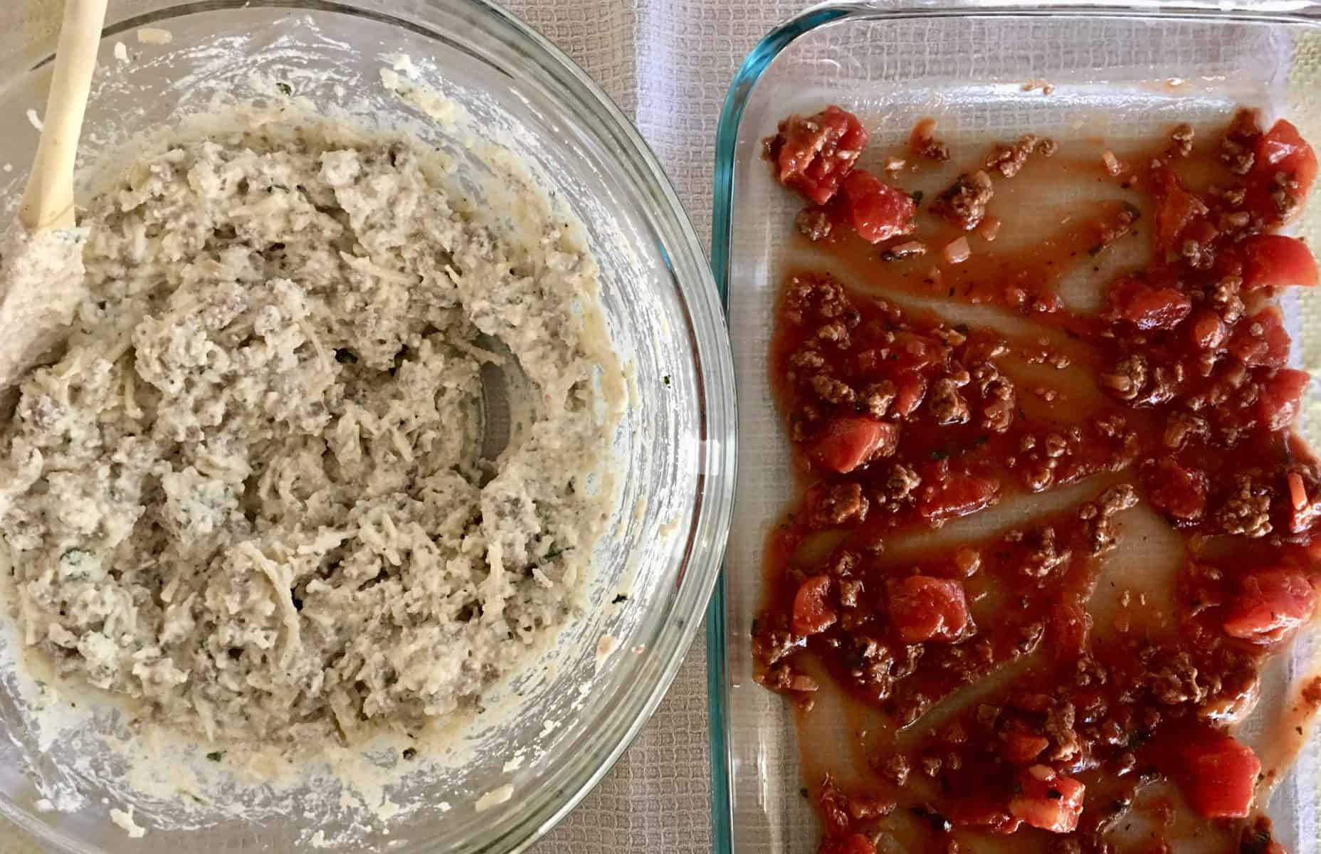 sauce on bottom of glass baking dish with a bowl of ricotta meat filling next to it. 