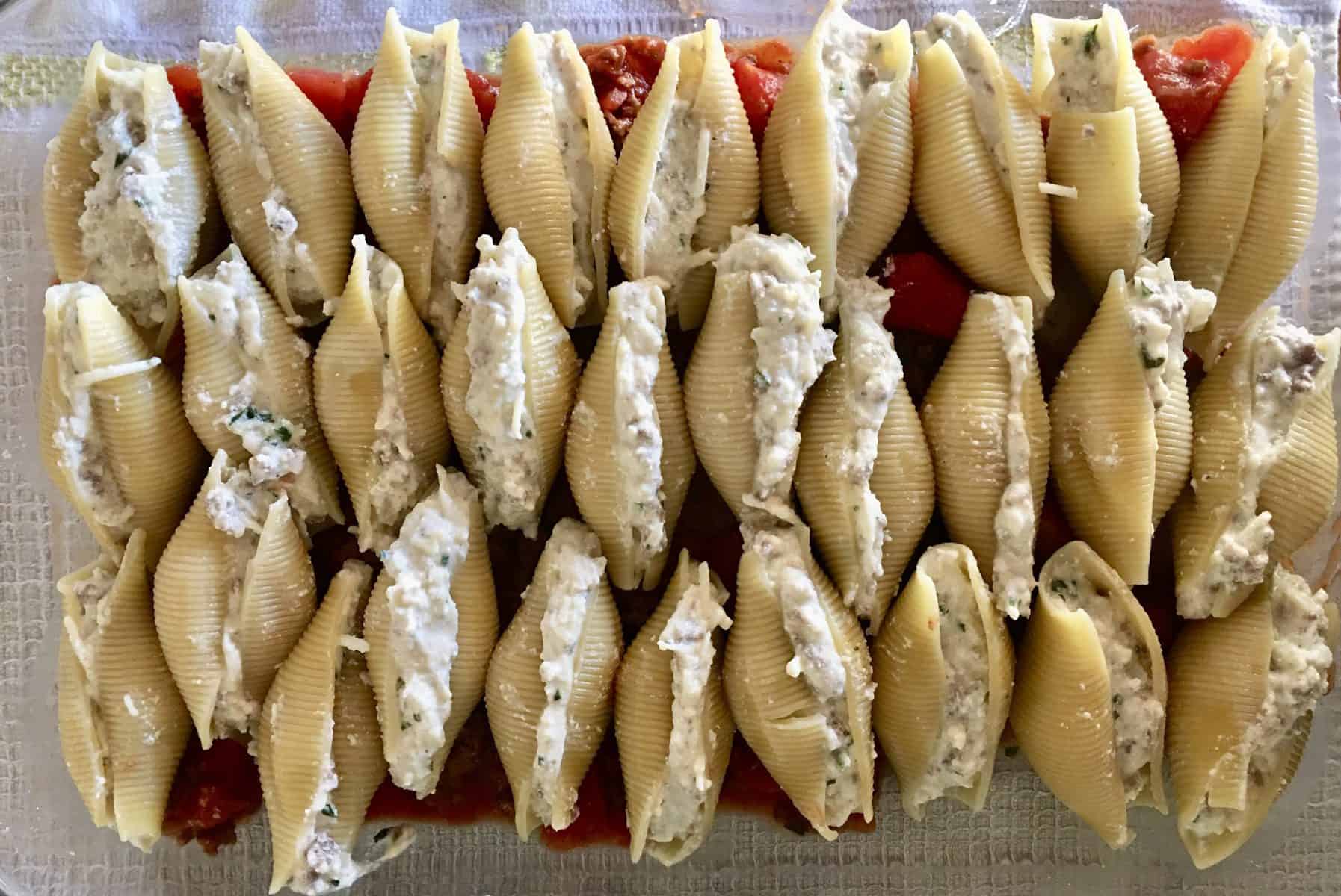 overhead photo of pasta in a glass baking dish. 