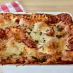 Italian Turkey Lasagne in a white baking dish.