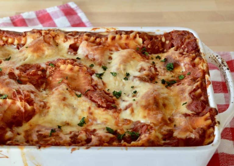 Italian Turkey Lasagne in a white baking dish.