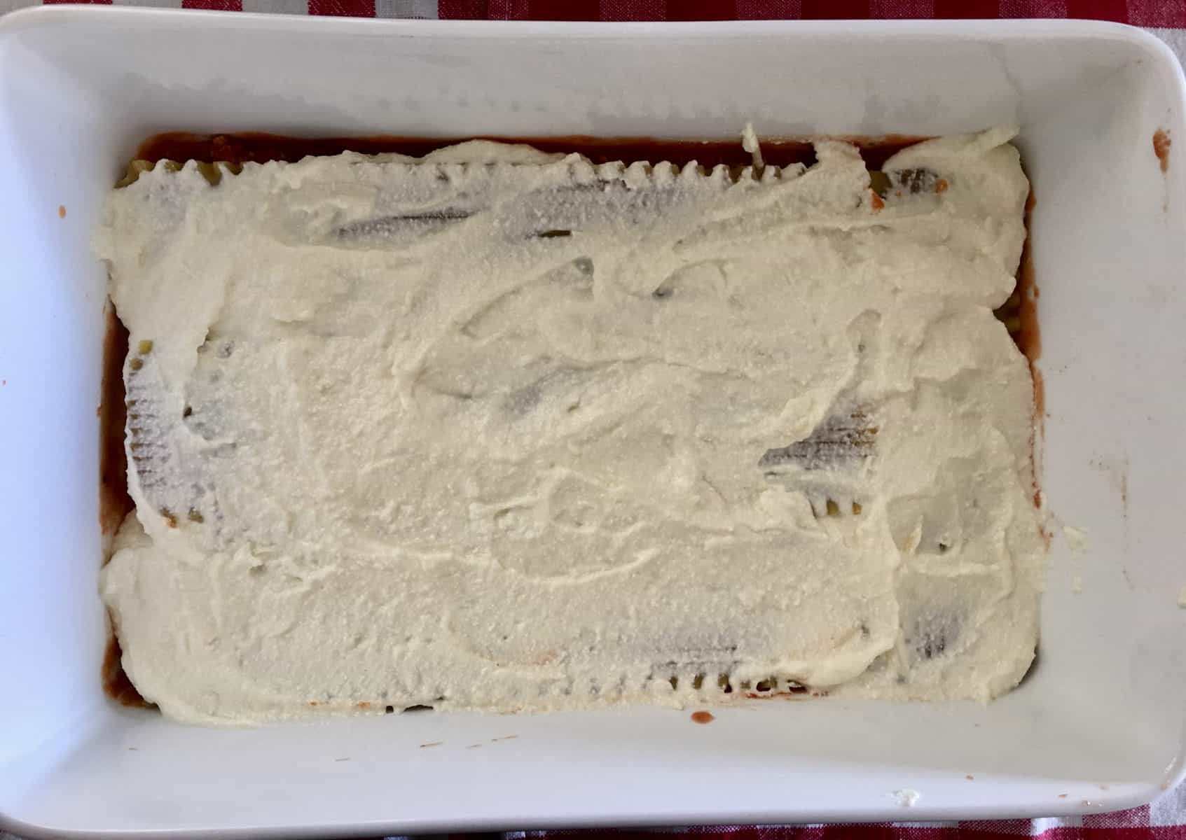 ricotta cheese mixture spread overtop of the no-bake lasagna noodles. 