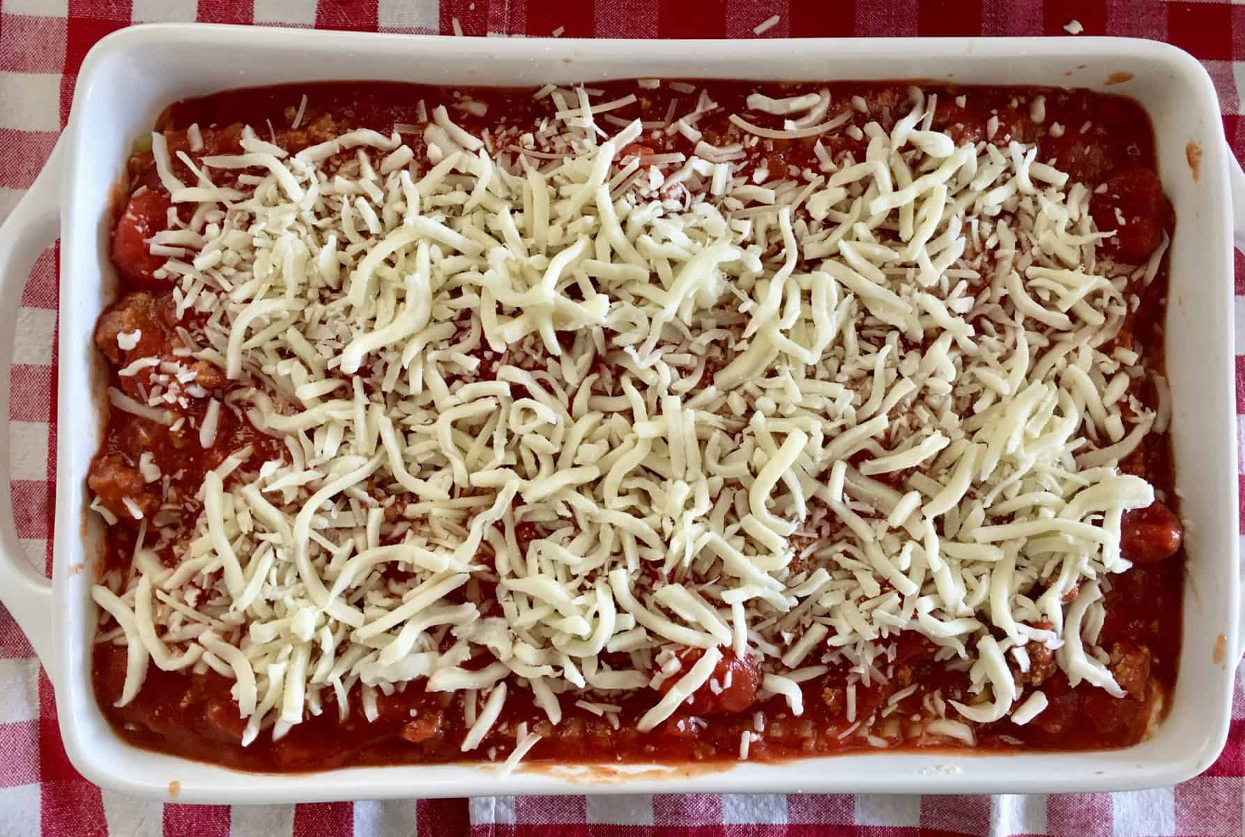 turkey lasagna ready to be covered and put in the oven to bake. 