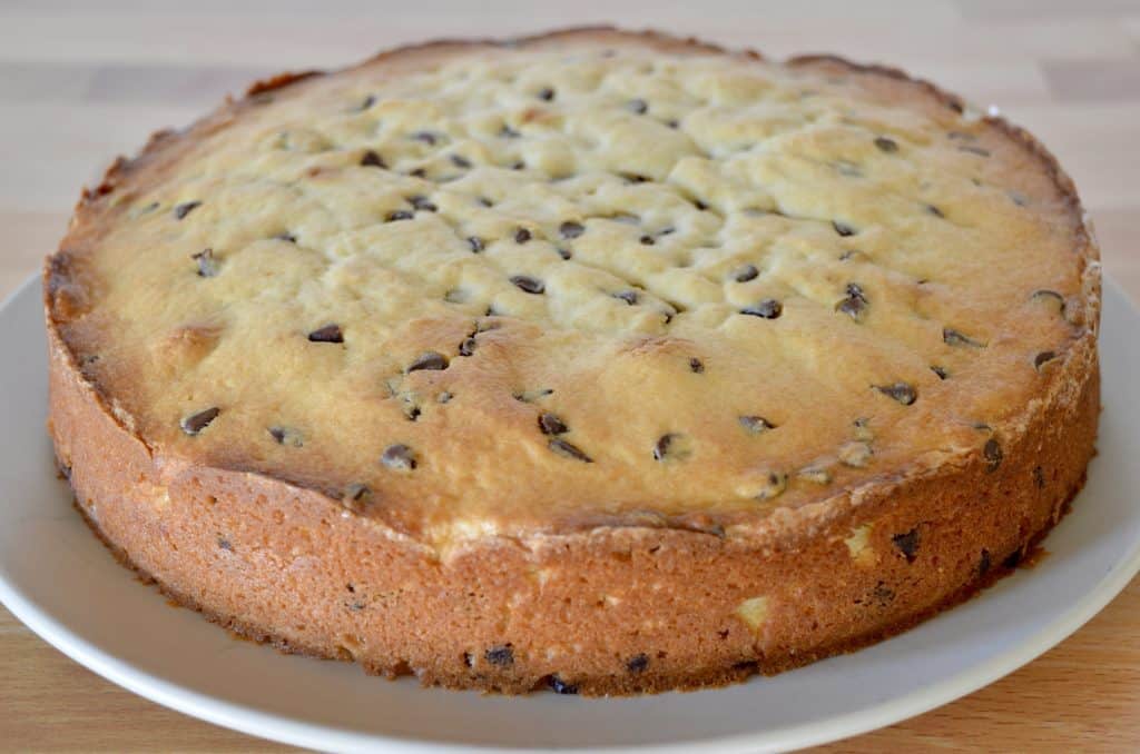 Chocolate chip ricotta cake on serving plate with no topping on yet.