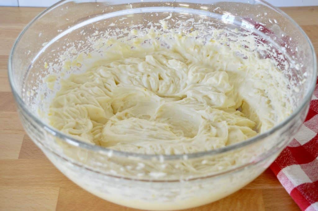 glass bowl of filling for the cake.