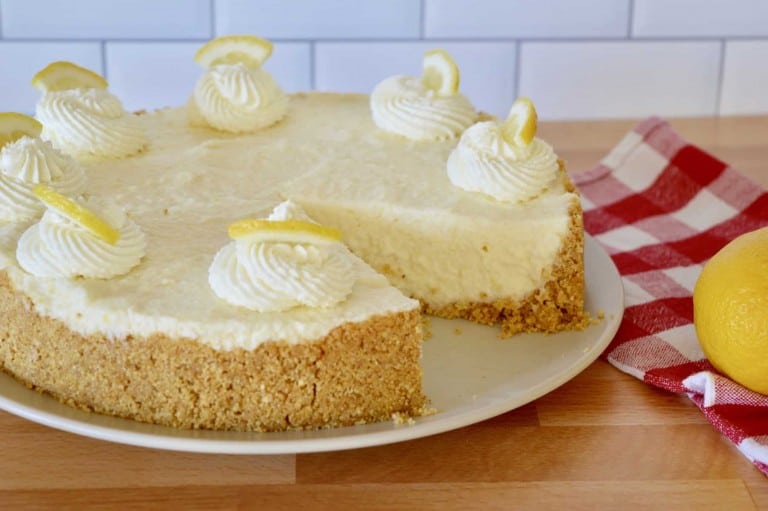 No-Bake Lemon Mascarpone Cheesecake on a serving plate.