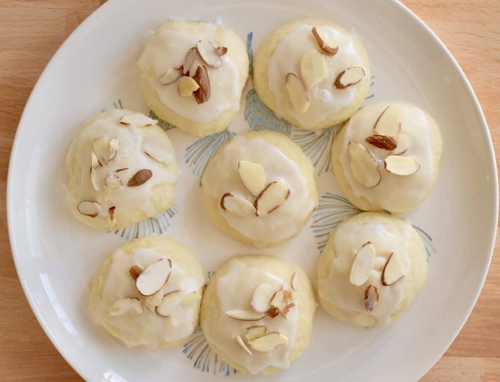 Overhead photo of Italian Almond Ricotta Cookies on a plate.