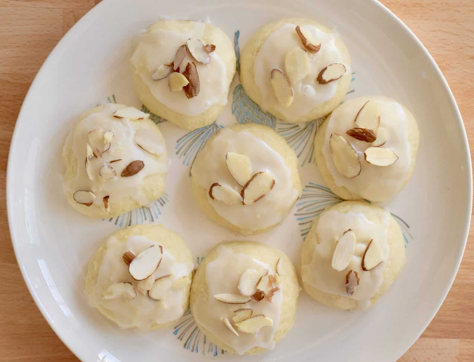 Overhead photo of Italian Almond Ricotta Cookies on a plate. 