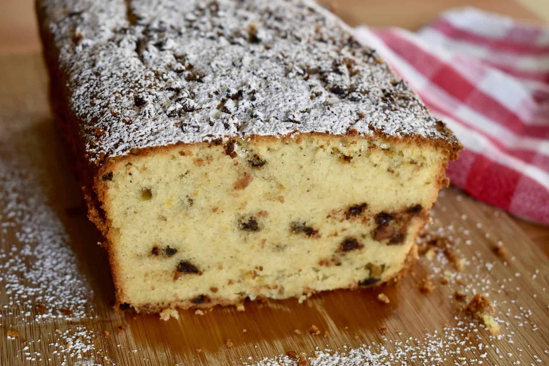 Cannoli Pound Cake with mini chocolate chips, pistachios, and ricotta. 