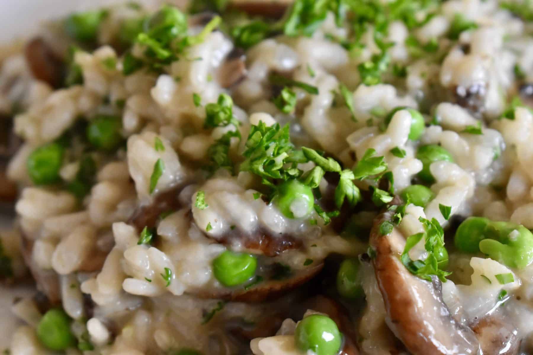 Mushroom Pea Risotto close up.