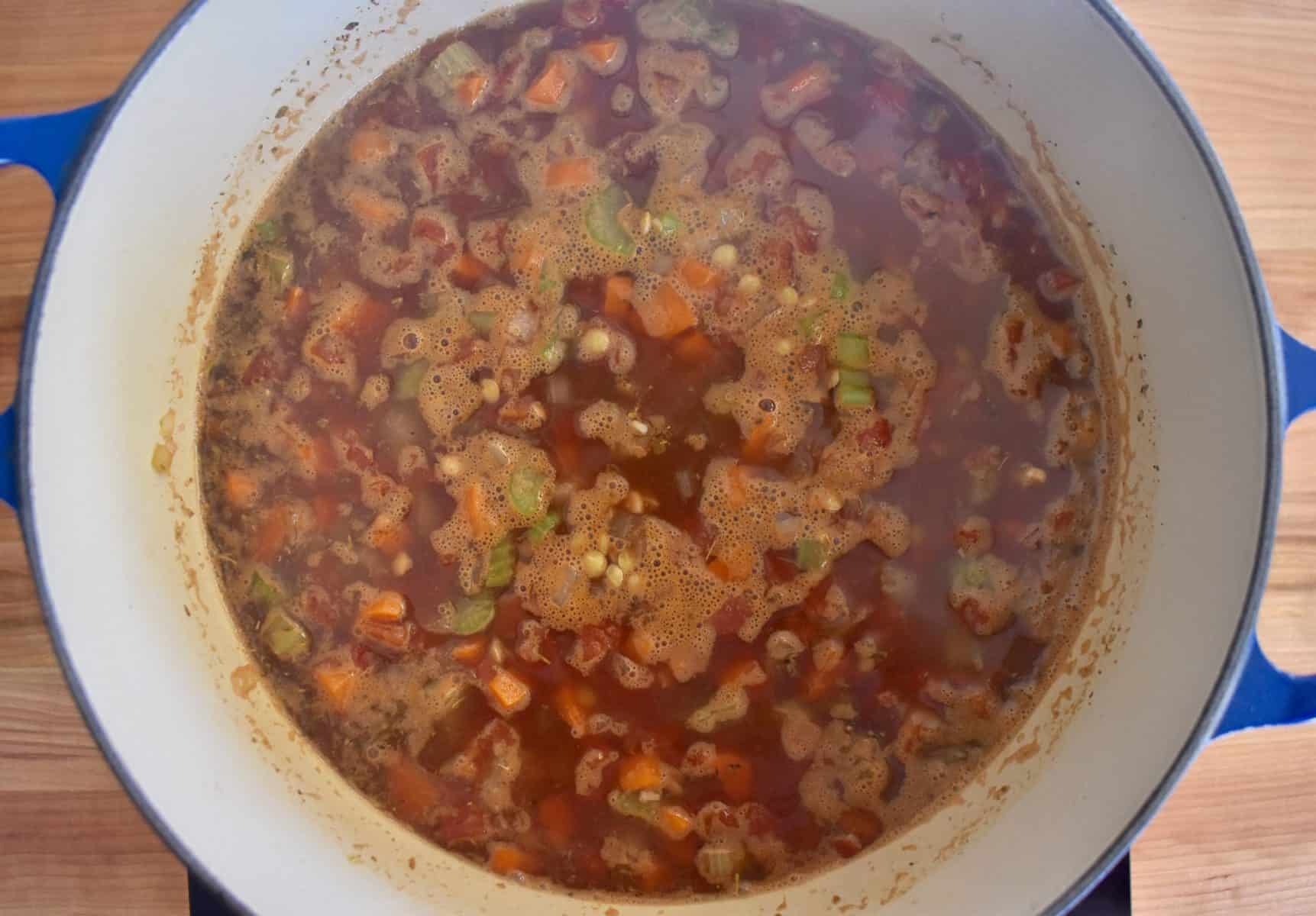 Stew bubbling in dutch oven pot. 