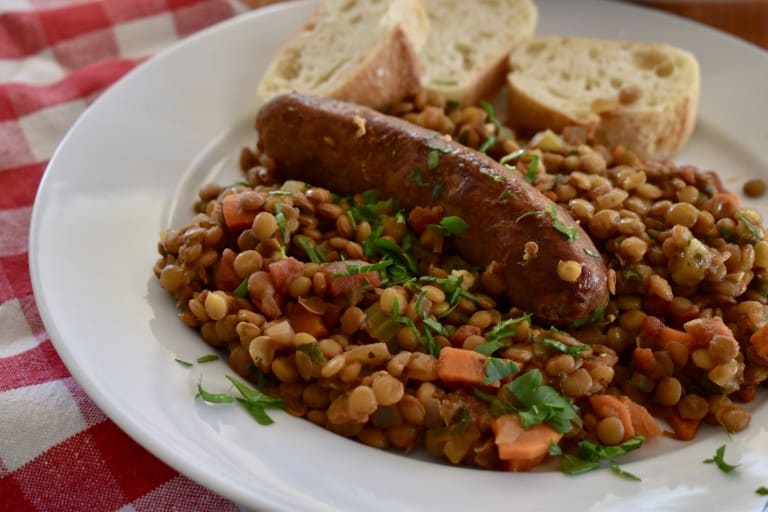 Plate of Italian Sausage and Lentils