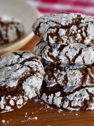 Italian Almond Chocolate Cookies stacked on each other.