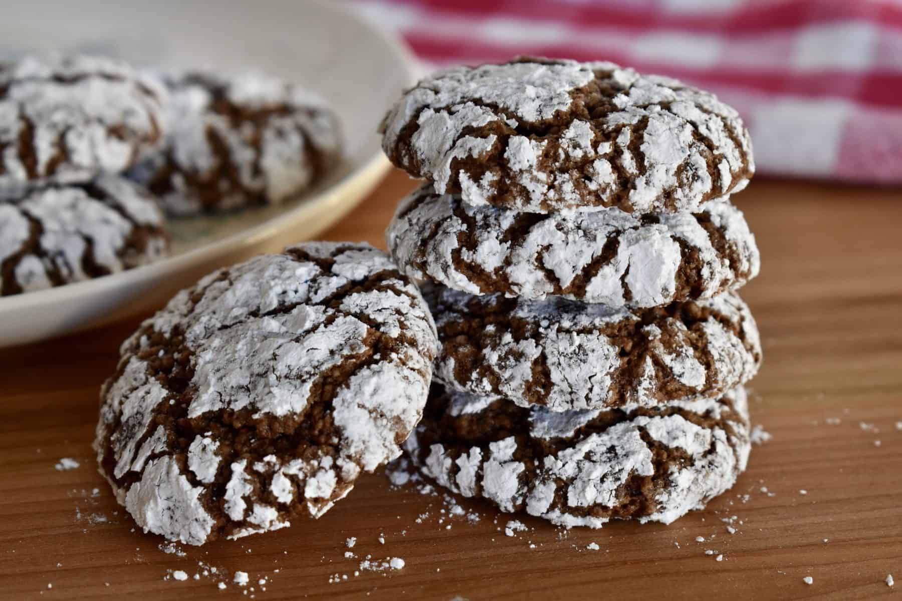 Italian Almond Chocolate Cookies stacked on each other. 