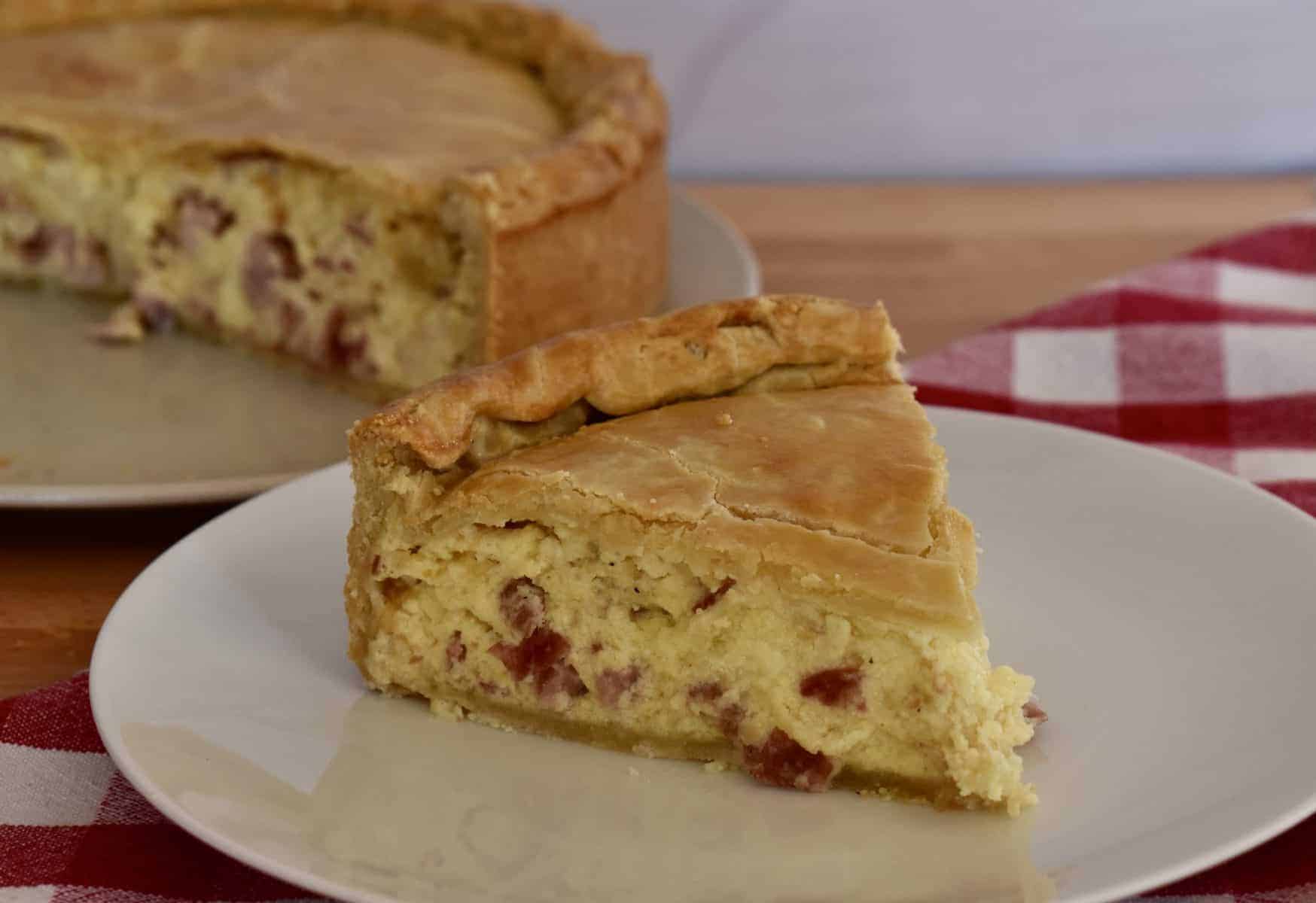 Italian Easter Pie on a white plate. 