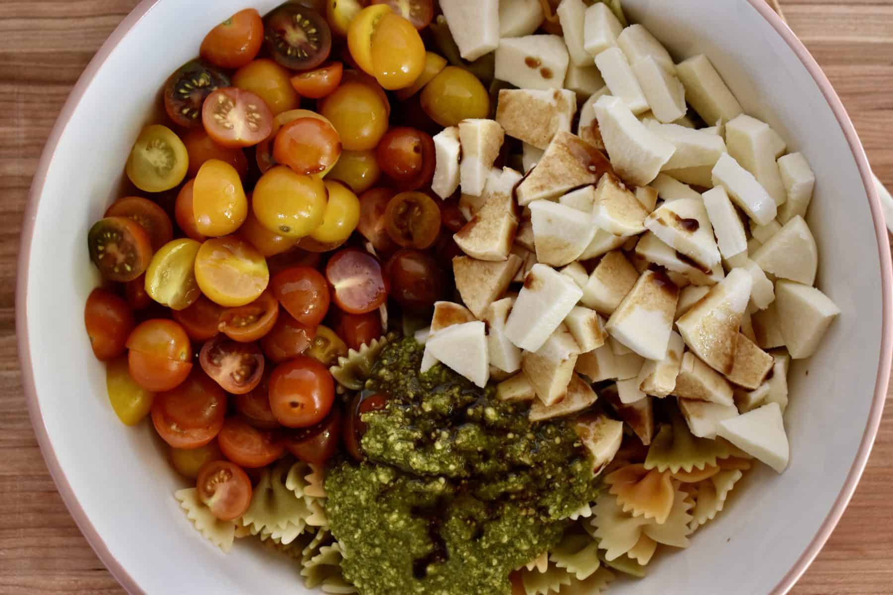 overhead photo of the ingredients in a large mixing bowl. 