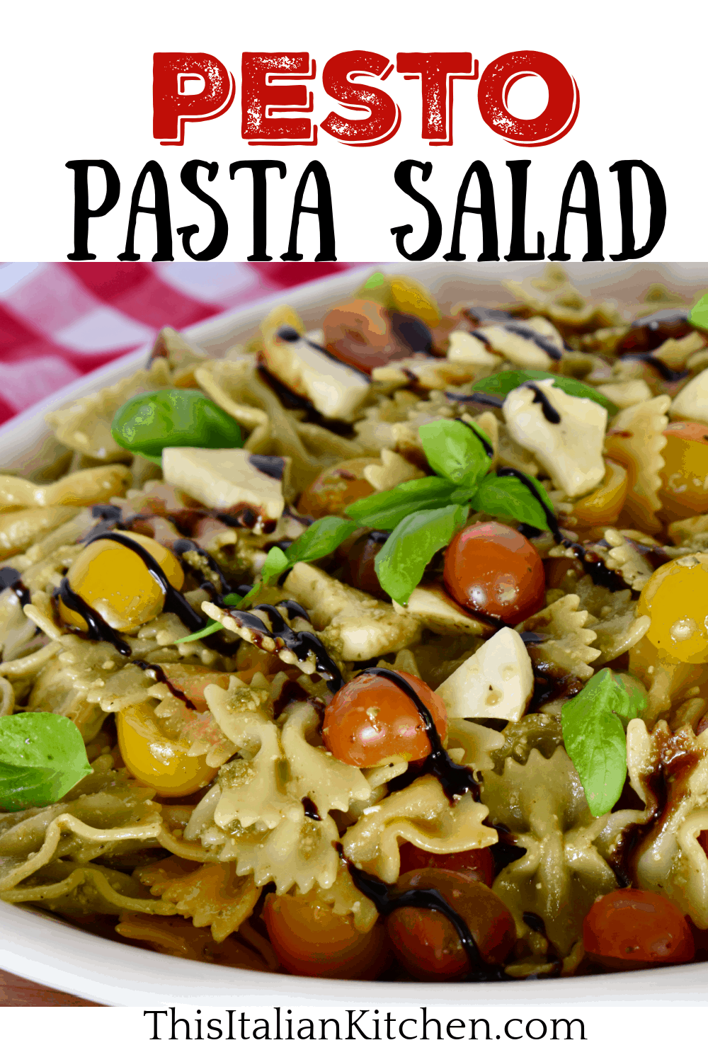 Pesto Pasta Salad in a white plate. 