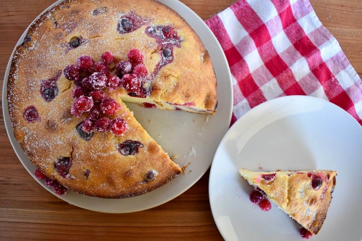 overhead photo of recipe on a plate with a slice on a plate next to it. 