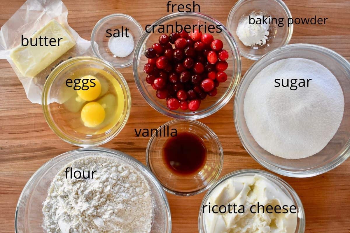 overhead photo of ingredients needed for this recipe including flour, sugar, butter, and eggs. 
