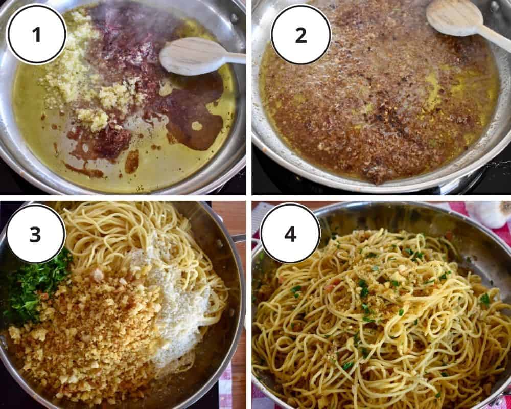 process shots showing the anchovies and garlic cooking, and the spaghetti being added to the sauce to make the recipe. 