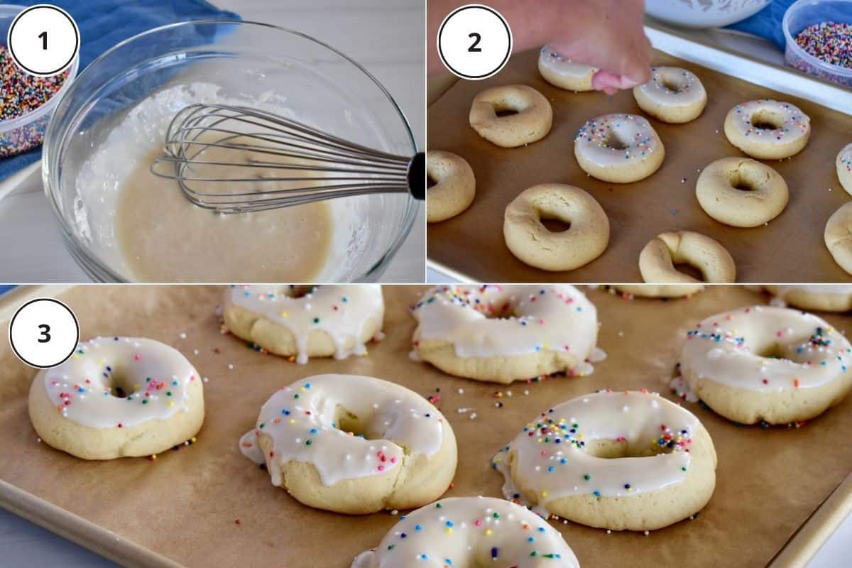 process shots showing how to make is icing using powdered sugar, milk and vanilla, then dunking the tops of the cookies in the icing and topping with sprinkles. 