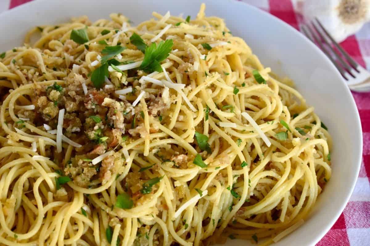 Anchovy Breadcrumb Pasta in a large white bowl. 
