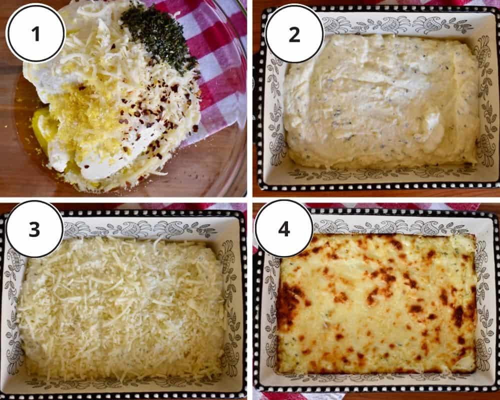 process shots showing how to make recipe including adding all ingredients to a bowl, spreading into baking dish, topping with shredded cheeses, and baking. 