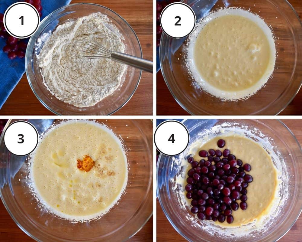overhead process shots showing how to make recipe including beating the eggs and sugar and folding in the dry ingredients. 