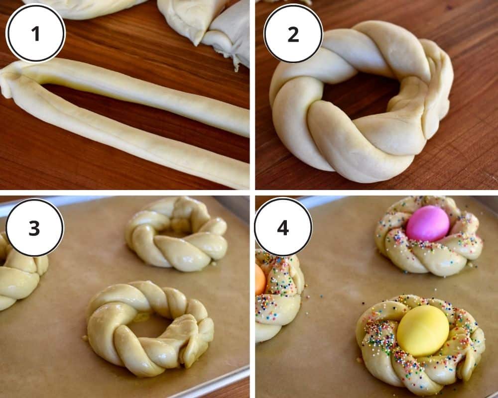 process shots showing how to shape the dough including rolling into ropes, twisting sections together, adding dyed eggs to middle and topping with sprinkles. 