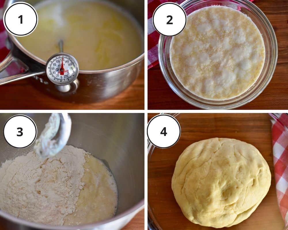 process shots including proofing the yeast in warm milk and butter, mixing the dough, and letting it rise in a glass bowl. 