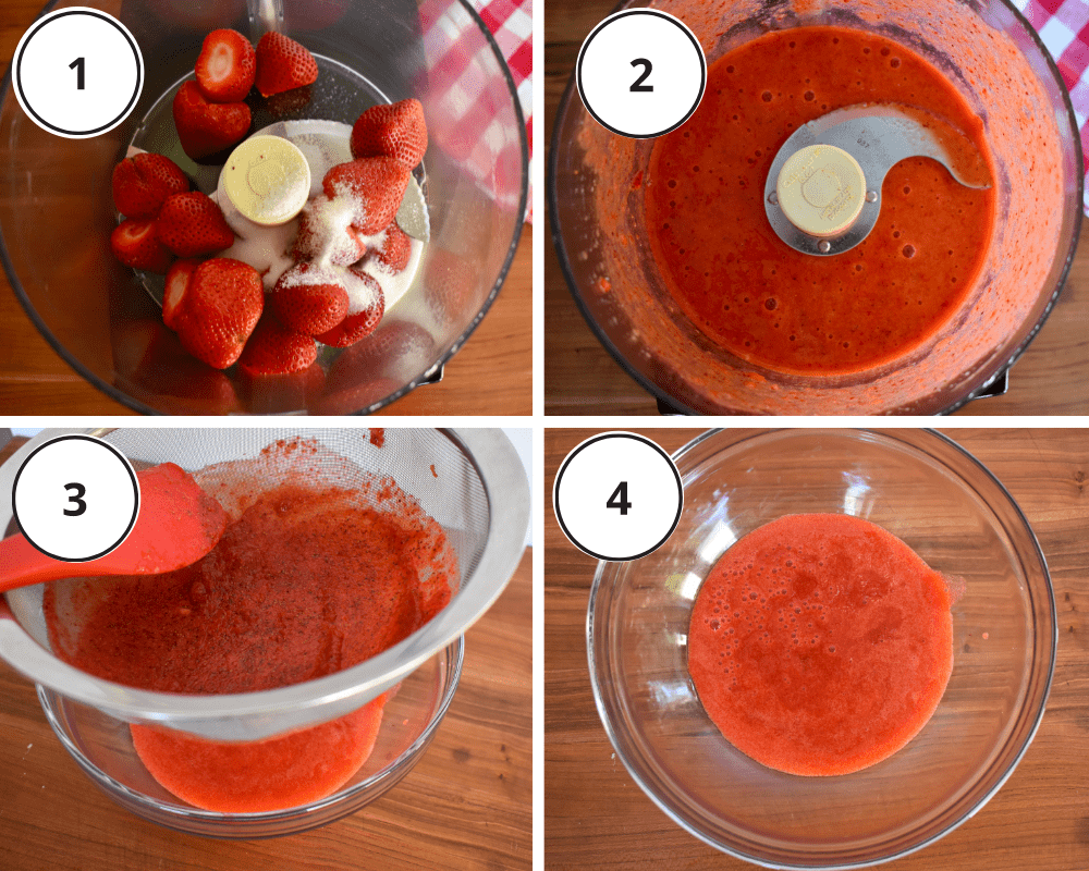 overhead process shots showing how to puree and strain the strawberries. 