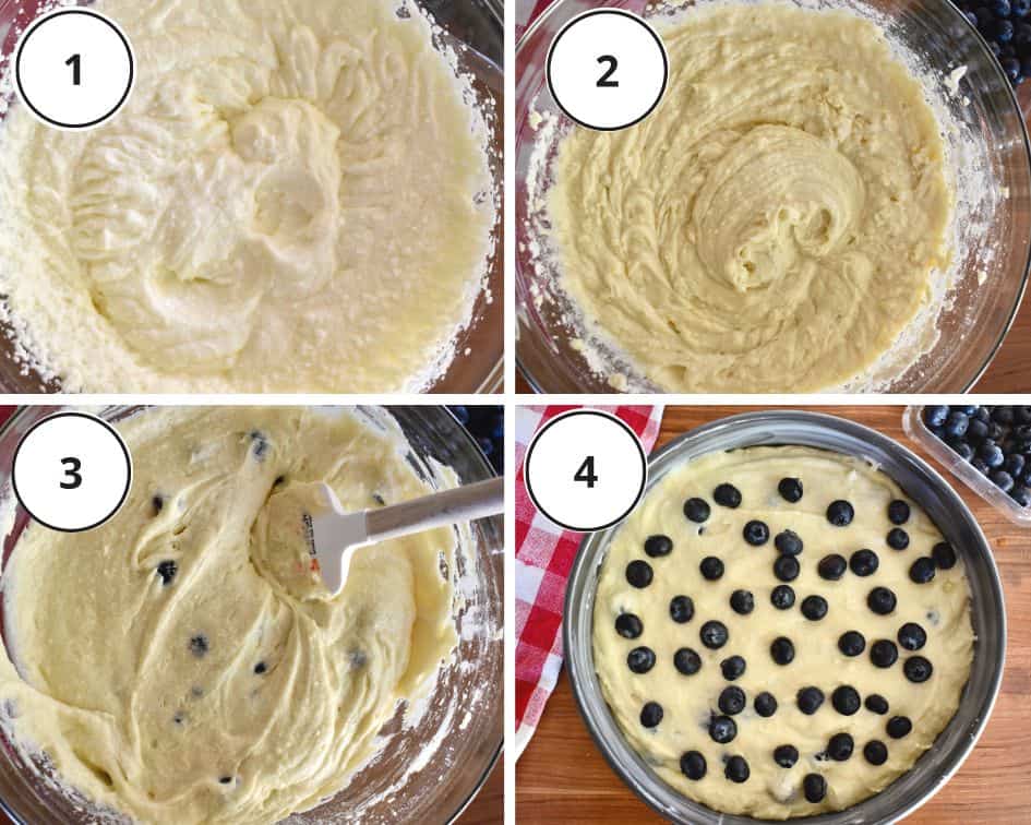 process shots showing how to make the recipe including whipping the batter and pouring into springform pan.