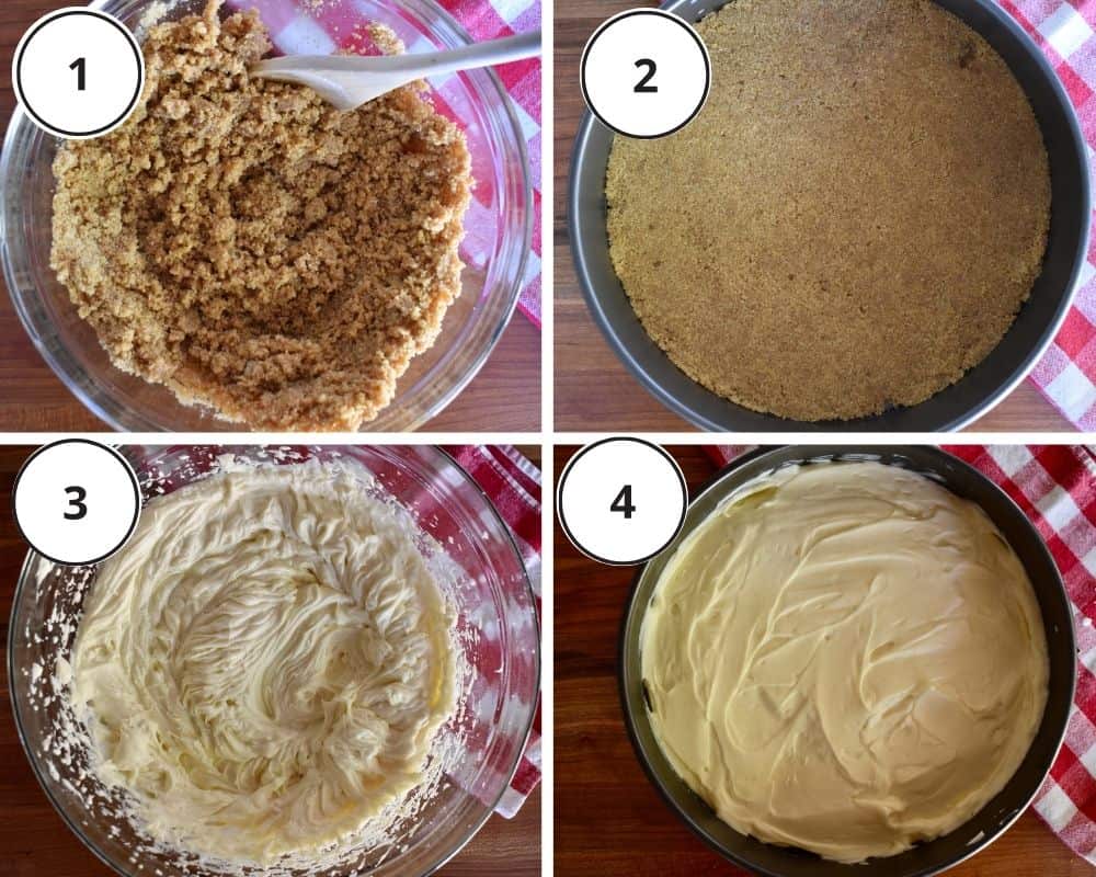 process shots showing how to make recipe including pressing the crust into a pan, and creaming the filling in a bowl. 