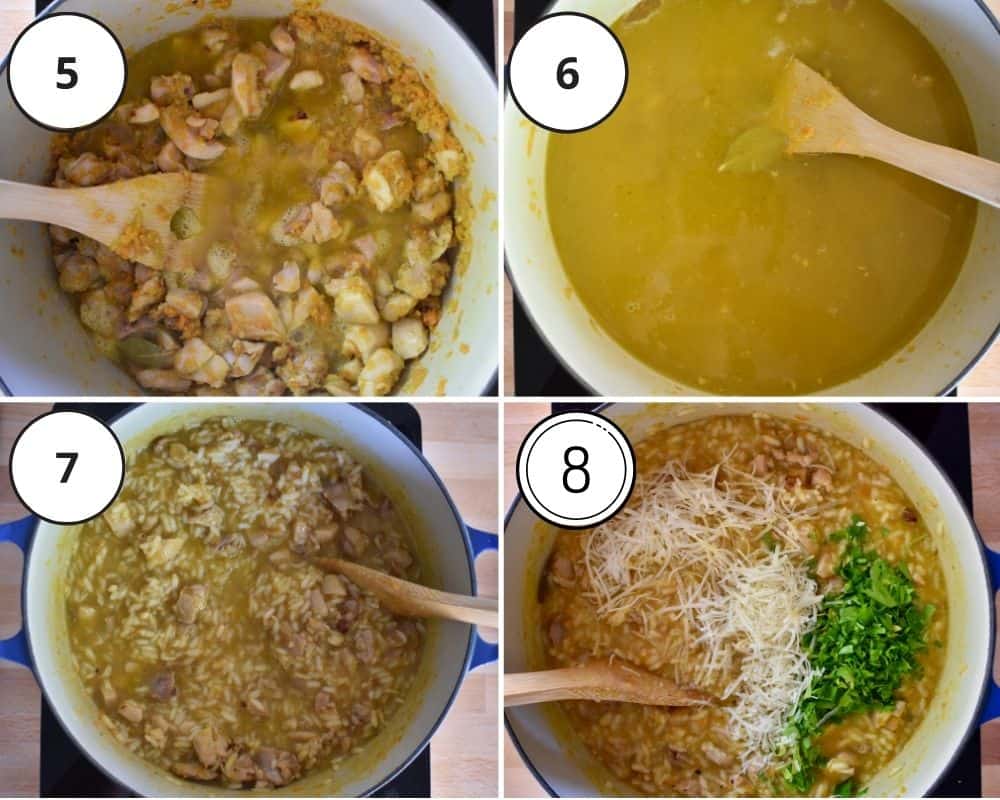 process shots showing how to make the recipe including cooking the meat, adding in the broth and arborio rice, and stirring in parmesan and parsley. 