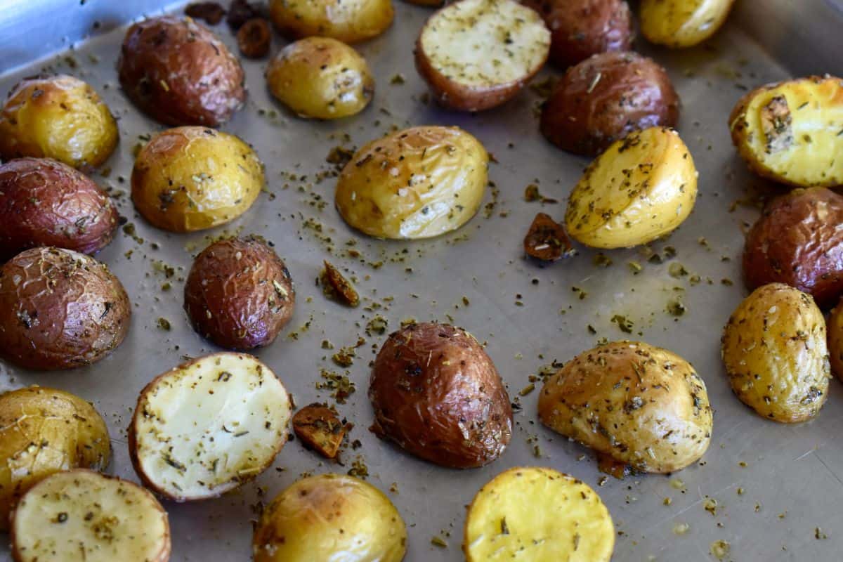 Italian Roasted Potatoes on a baking sheet. 