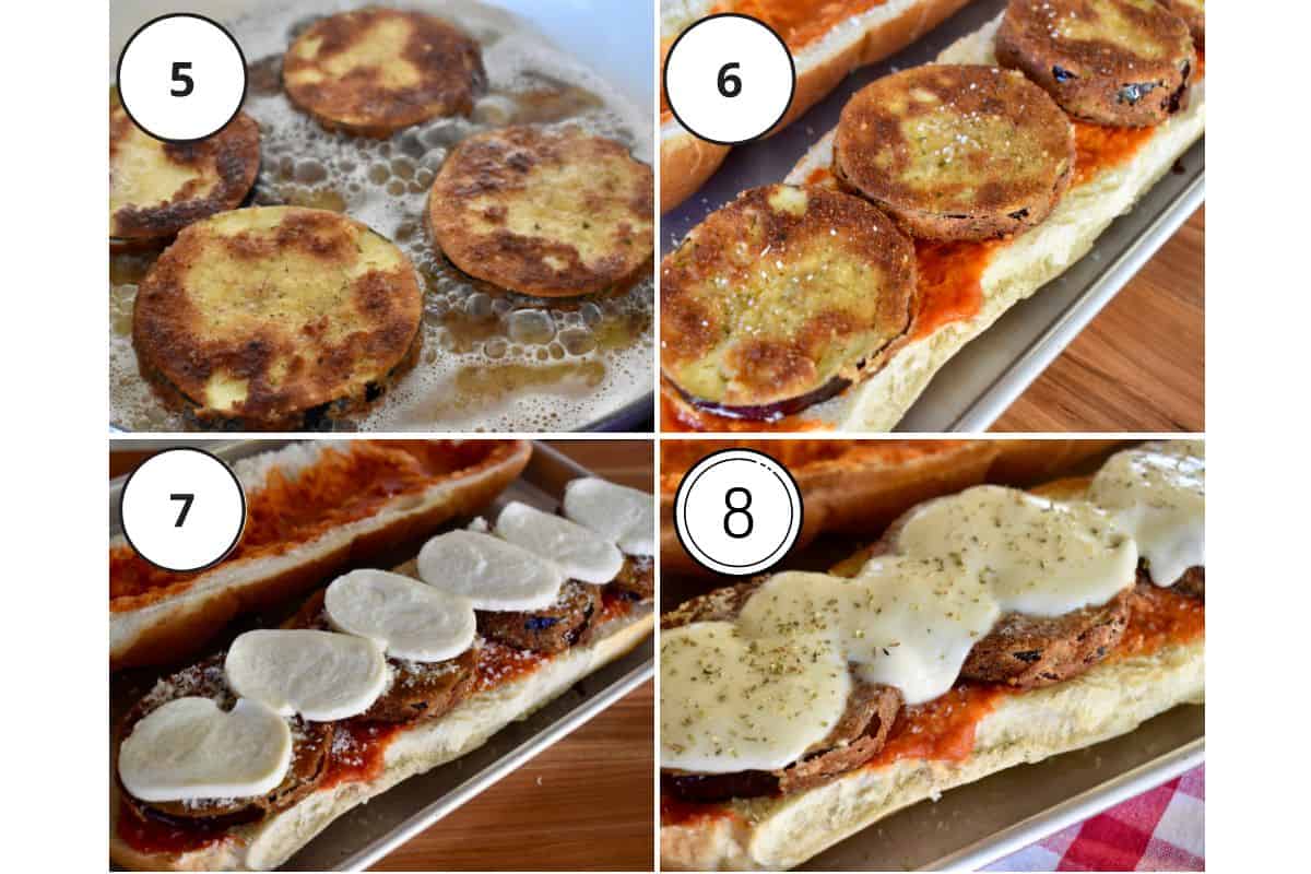 process shots showing how to make recipe including frying in oil and spreading marinara on the bread loaf. 