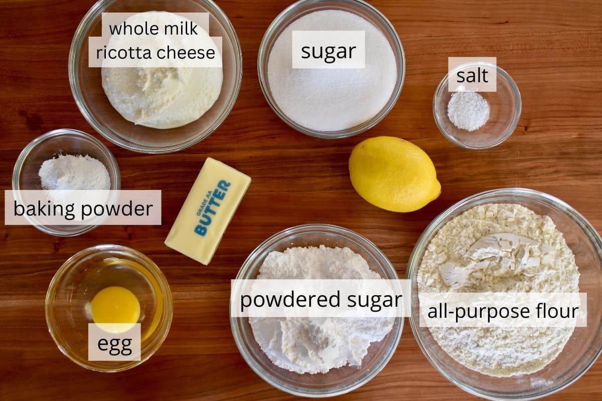 photo of ingredients needed including flour, butter, salt, and powdered sugar. 