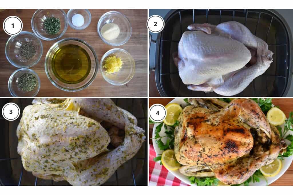 process shots showing how to make recipe including making the olive oil herb rub and drying the turkey. 