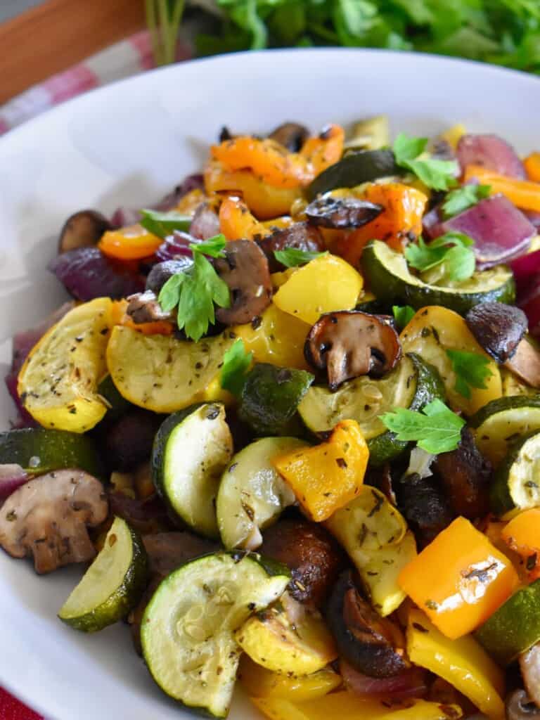 Italian Roasted Vegetables on a white plate. 