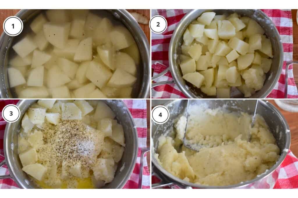 process shots showing how to make recipe including boiling and adding the ingredients to the pot then mashing. 