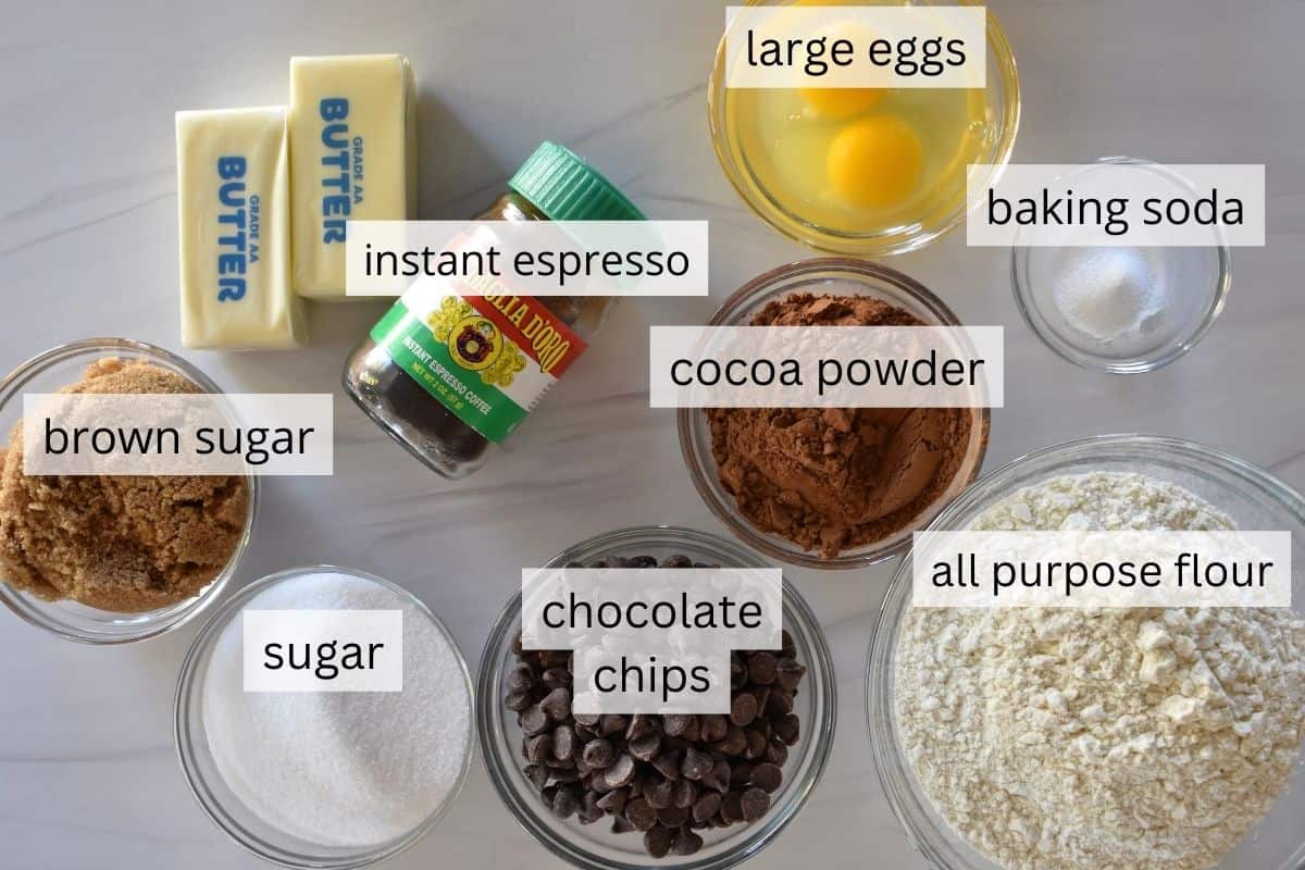 overhead photo of ingredients needed for recipe including flour, sugar, and butter. 