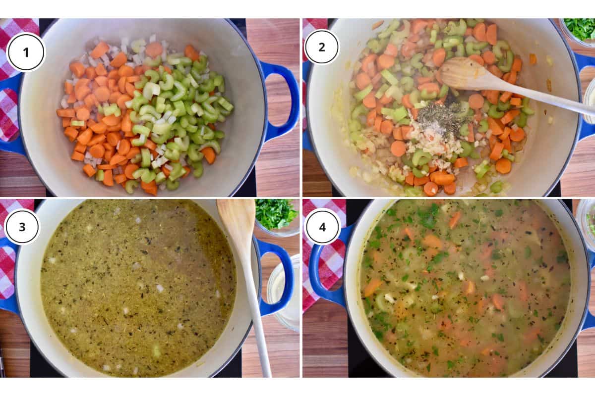 process shots showing how to make the recipe including softening the vegetables and adding in the broth. 