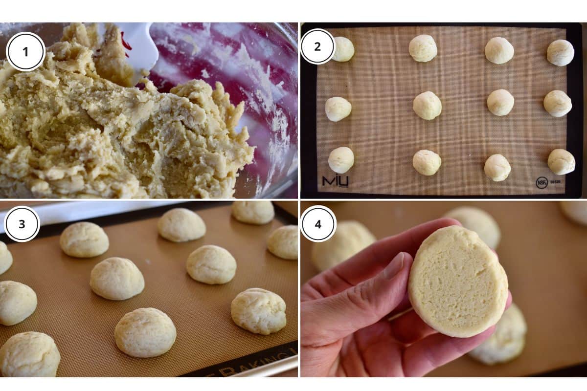 process shots showing how to make recipe including making the batter and rolling into balls. 