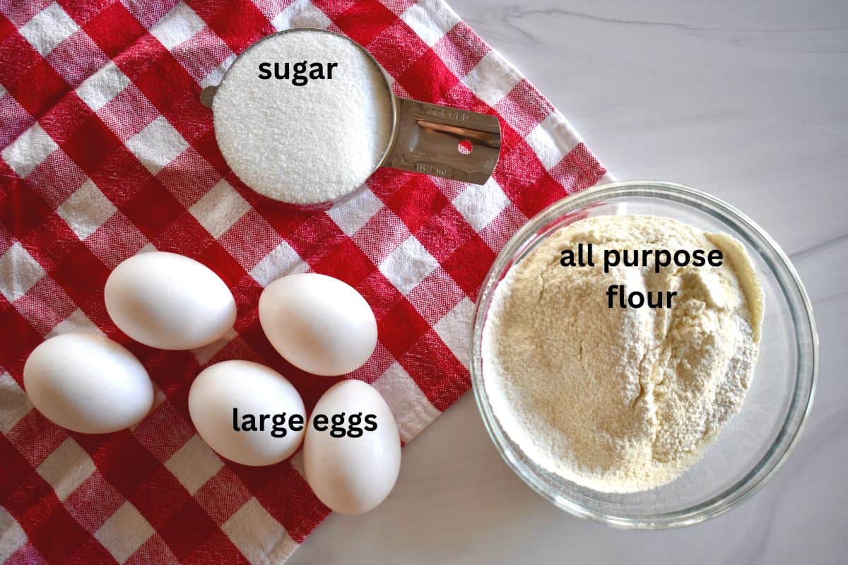 ingredients needed for recipe are eggs, sugar, and all purpose flour.